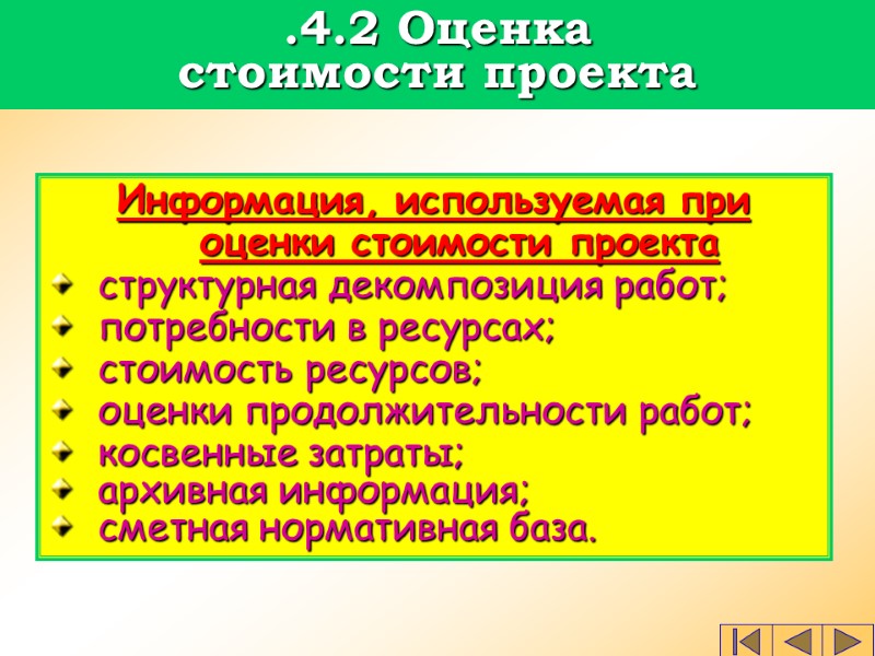 Информация, используемая при оценки стоимости проекта  структурная декомпозиция работ; потребности в ресурсах; стоимость